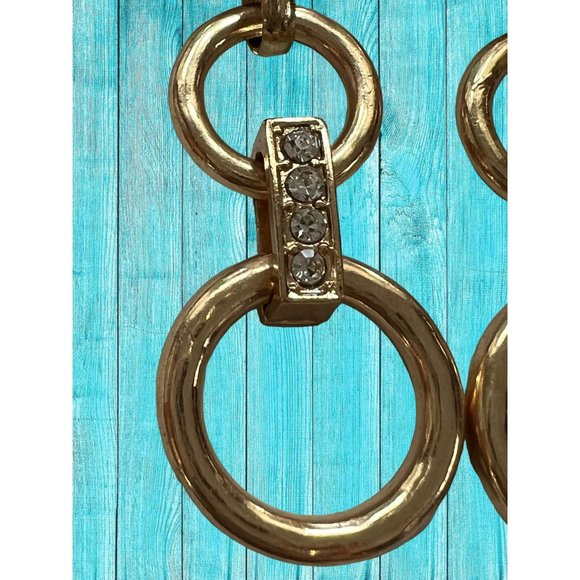 Gold Tone Link Dangle Earrings Crystals Pierced 3" long Graduated Circles - Picture 2 of 3